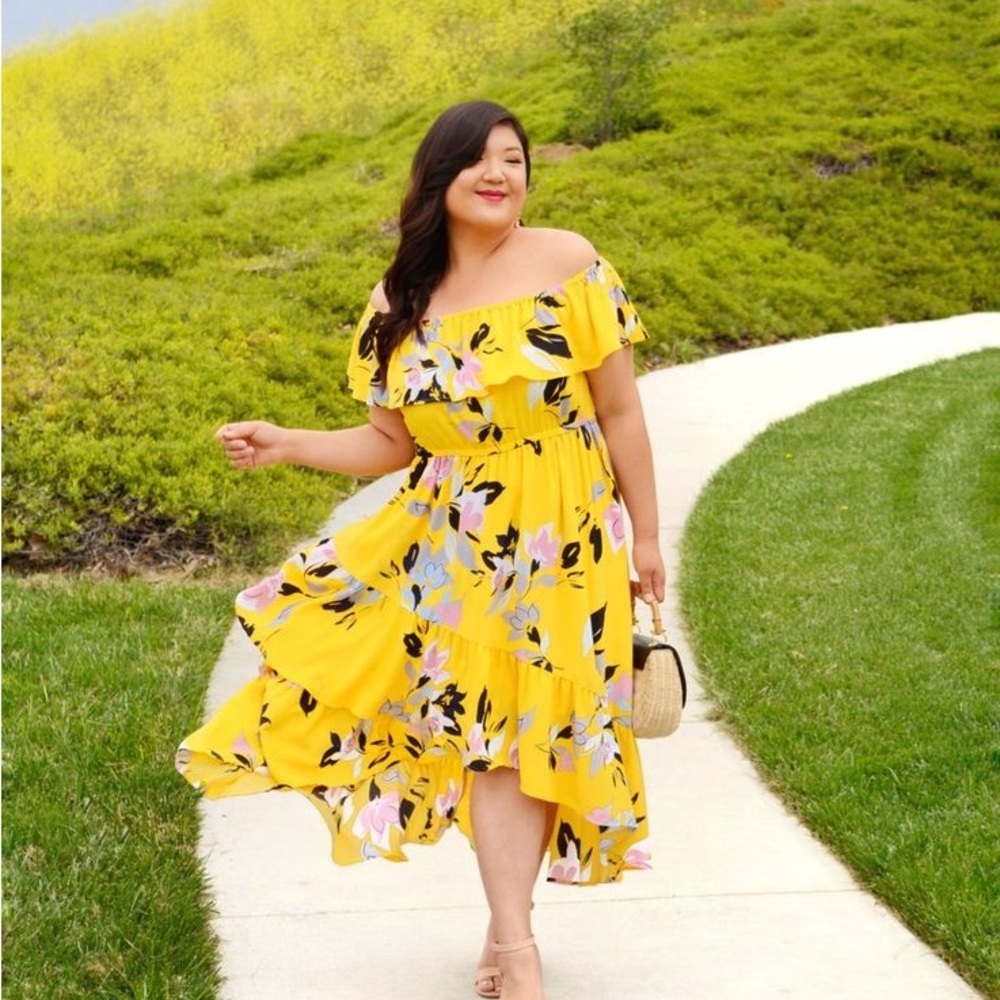 Lane Bryant Yellow Asymmetrical Off-Shoulder Sundress